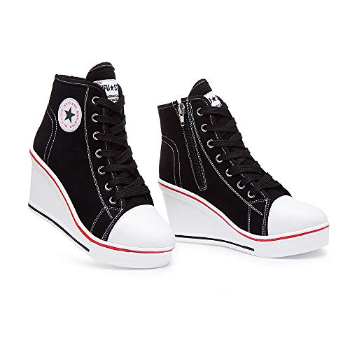 Mujer Cuñas Zapatos 35-43 EU De Lona High-Top Tacón 7 CM Zapatos Casuales Talla Grande Zapatillas de Cuña para Mujer Zapatillas de Deporte Zapatillas Altas Primavera/Verano Tacón Cuña