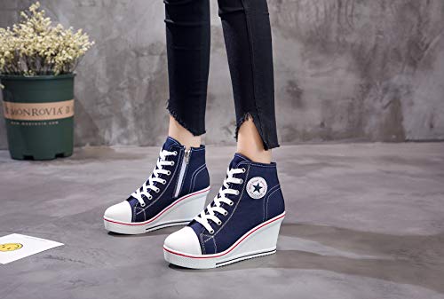 Mujer Cuñas Zapatos 35-43 EU De Lona High-Top Tacón 7 CM Zapatos Casuales Talla Grande Zapatillas de Cuña para Mujer Zapatillas de Deporte Zapatillas Altas Primavera/Verano Tacón Cuña