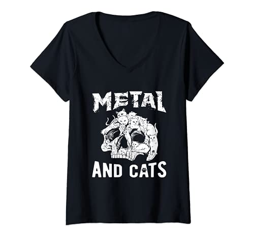 Mujer Heavy Metal - Metal Y Gatos - Hard Rock Biker Rockabilly Camiseta Cuello V