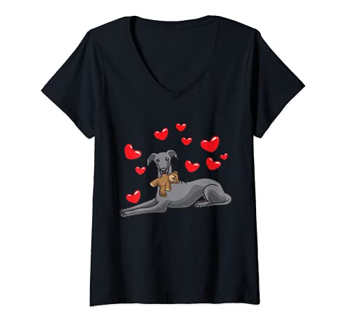 Mujer Lebrel italiano Perro Con Peluche Y Muchos Corazones Camiseta Cuello V
