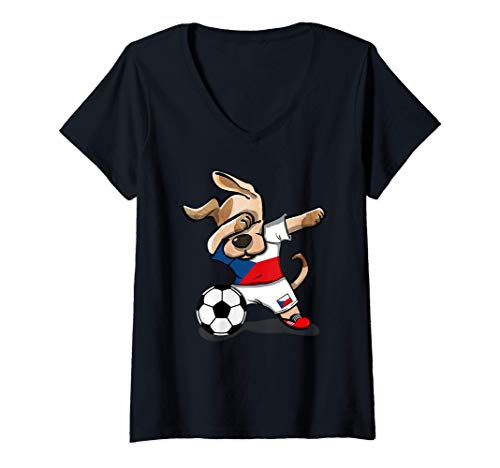 Mujer Perro Dabbing República Checa Fútbol Bandera Checa Fútbol Camiseta Cuello V