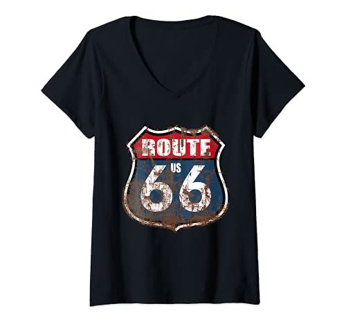 Mujer U.S. Route 66 Vintage Rusted Road Sign Camiseta Cuello V