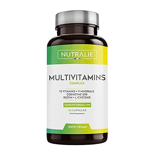 Multivitaminas y Minerales + Coenzima Q10 | Complejo Multivitaminico Vegano 29 Nutrientes con Vitaminas A, B, C, D, E, K, Biotina, L-cisteína, Coenzima Q10 y 9 Minerales | 60 Cápsulas Veganas Nutralie