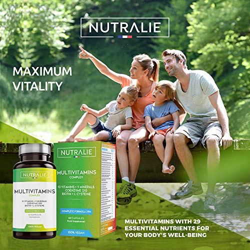 Multivitaminas y Minerales + Coenzima Q10 | Complejo Multivitaminico Vegano 29 Nutrientes con Vitaminas A, B, C, D, E, K, Biotina, L-cisteína, Coenzima Q10 y 9 Minerales | 60 Cápsulas Veganas Nutralie