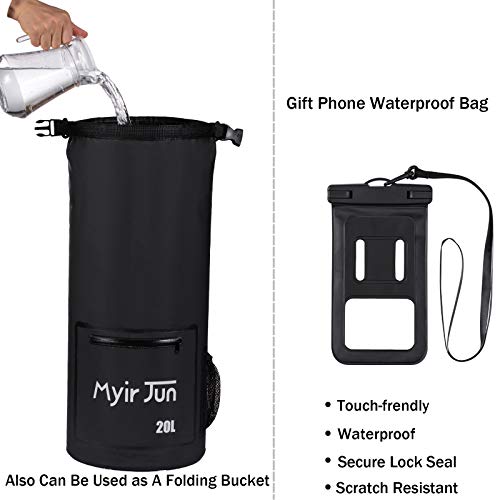 Myir JUN Bolsas Impermeables, Bolsa Estanca Impermeable Bolsa Seca Impermeable para Canotaje Bolsa Seca para Kayak Bolsa a la Deriva con Saco Seco Impermeable para Telefono (Negro, 10 L)