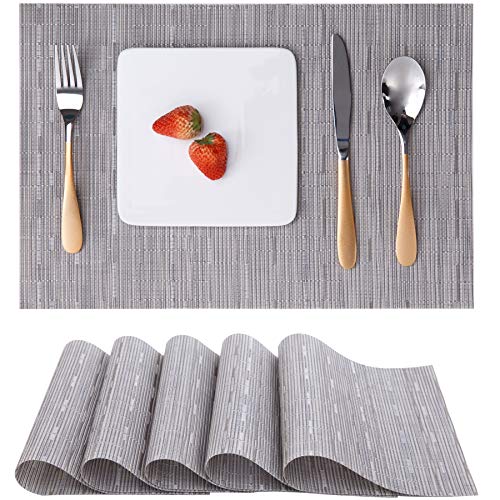 Myir JUN Salvamanteles Individuales Juego de 6, Lavables Manteles Individuales Plásticos de Vinil de Esteras, Resistentes al Calor Antideslizante Fácil de Limpiar y Impermeable 30x45cm (Gris)