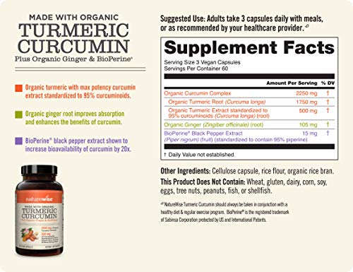 NatureWise Curcumina Cúrcuma 2250mg (Suministro para 2 meses) 95 Curcuminoids with BioPerine Black Pepper Extract (180 cuentas)