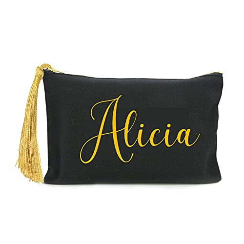 Neceser personalizado, Bolsa de aseo, maquillaje, en algodón negro. Con borla y nombre. 2 TAMAÑOS. Regalo original para mujer. Personalizado en España.(20 x 14 cm, N Negro / Texto Dorado)