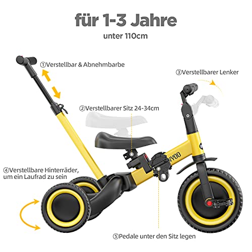 newyoo Triciclo 4 in 1 para Niños de 1 Año a 3 Años, Bicicleta con Pedales Extraíbles y Asiento Ajustable, Bicicletas de Equilibrio con Varilla de Empuje Orientable, Amarillo