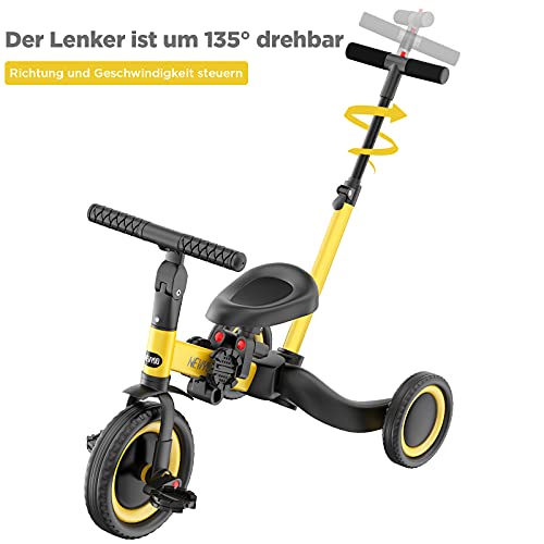 newyoo Triciclo 4 in 1 para Niños de 1 Año a 3 Años, Bicicleta con Pedales Extraíbles y Asiento Ajustable, Bicicletas de Equilibrio con Varilla de Empuje Orientable, Amarillo