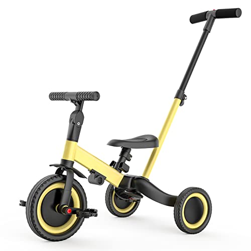 newyoo Triciclo 4 in 1 para Niños de 1 Año a 3 Años, Bicicleta con Pedales Extraíbles y Asiento Ajustable, Bicicletas de Equilibrio con Varilla de Empuje Orientable, Amarillo