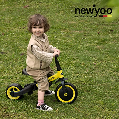 newyoo Triciclo 4 in 1 para Niños de 1 Año a 3 Años, Bicicleta con Pedales Extraíbles y Asiento Ajustable, Bicicletas de Equilibrio con Varilla de Empuje Orientable, Amarillo