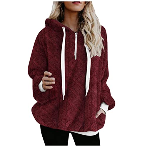 NHNKB Sudadera de invierno para mujer, grande y suave, con capucha, forro polar, mullida, de manga larga, NH101104, Vino, XL