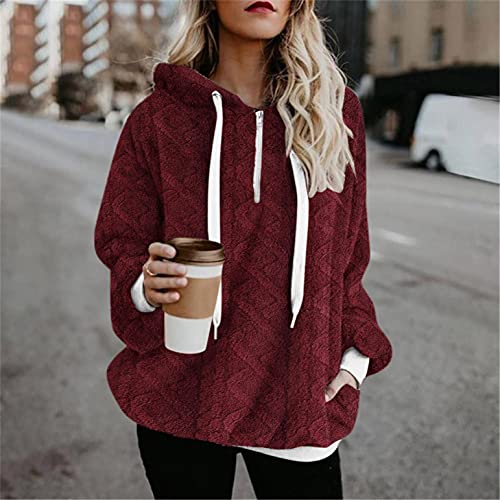 NHNKB Sudadera de invierno para mujer, grande y suave, con capucha, forro polar, mullida, de manga larga, NH101104, Vino, XL