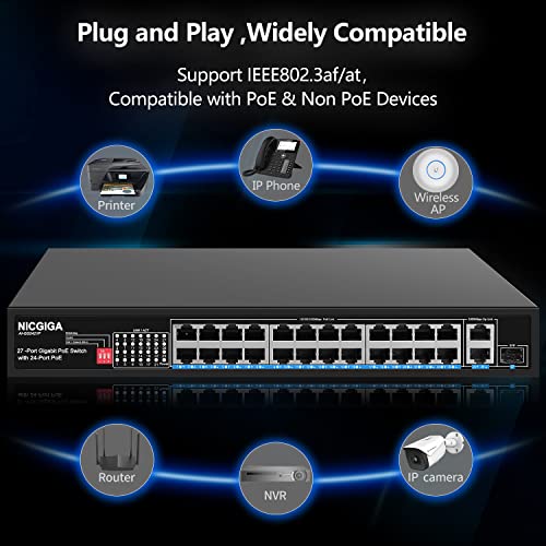NICGIGA 24 Puertos Gigabit PoE Switch de con 24 Puertos PoE+@300W, 2 Puertos Gigabit Uplink, 1 SFP, Metal Resistente para Montaje en Escritorio/Rack, AI Watchdog, Modo VLAN, Plug and Play