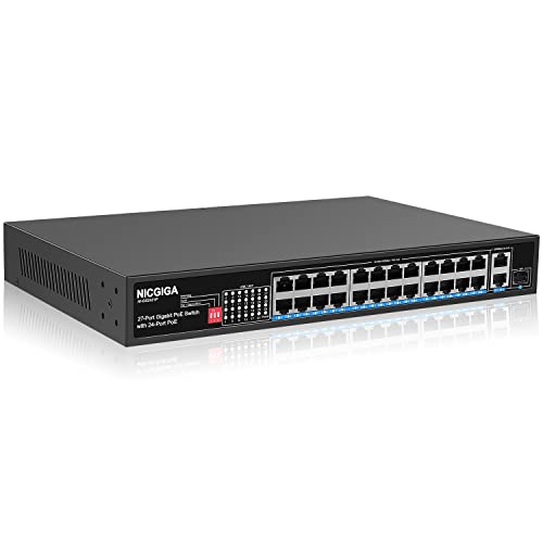 NICGIGA 24 Puertos Gigabit PoE Switch de con 24 Puertos PoE+@300W, 2 Puertos Gigabit Uplink, 1 SFP, Metal Resistente para Montaje en Escritorio/Rack, AI Watchdog, Modo VLAN, Plug and Play