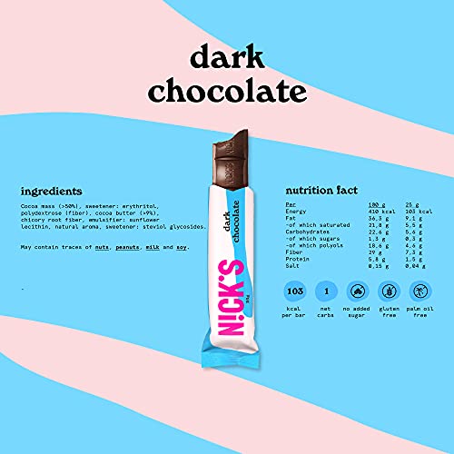 NICKS Dark Chocolate, Chocolate negro amargo sin azúcar añadido, vegano, keto, sin gluten (24 barritas x 25g)