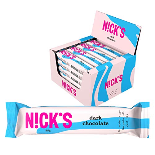 NICKS Dark Chocolate, Chocolate negro amargo sin azúcar añadido, vegano, keto, sin gluten (24 barritas x 25g)