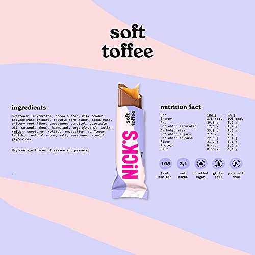 NICKS Soft Toffee, barritas de chocolate con leche rellenas de caramelo, sin azúcar añadido, sin gluten (24x28g)