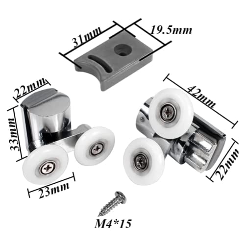 Nicoone 4PCS Rodillo para puertas de ducha,26mm Polea de la Puerta de Ducha Parte Superior y Inferior Doble Rodillo,Rueda Doble de Aleación de Zinc Resistente,se Adapta a Vidrio de 4 a 8 mm