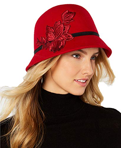 Nine West Flower-Applique Wool Felt Cloche Hat (Red)