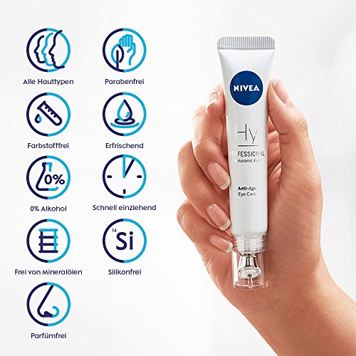 NIVEA PROFESSIONAL Ácido hialurónico, crema de ojos antiarrugas, crema antiedad para contorno de ojos con aplicador, crema reparadora para reducir líneas de expresión y patas de gallo, 1 x 15 ml