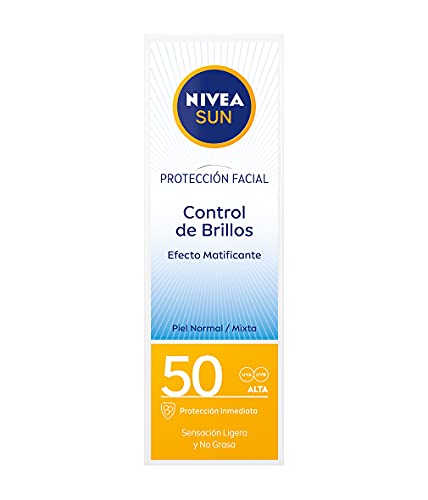 NIVEA SUN Protección Facial UV Control de Brillos FP50 (1 x 50 ml), crema solar facial, crema matificante con protección solar alta, 0% sensación pegajosa