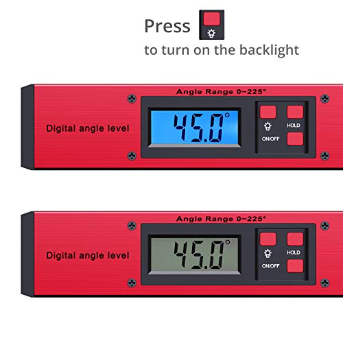 Nivel de Ángulo Digital 0-225 °Buscador de Ángulos con Indicador LCD de 400mm/16 Pulgadas Transportador Angulos Digital Medición de Ángulo Vertical Horizontal Doble Nivel de Burbuja-Rojo