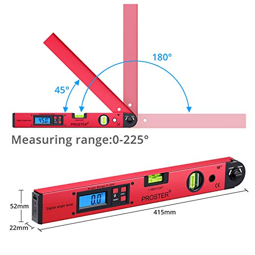 Nivel de Ángulo Digital 0-225 °Buscador de Ángulos con Indicador LCD de 400mm/16 Pulgadas Transportador Angulos Digital Medición de Ángulo Vertical Horizontal Doble Nivel de Burbuja-Rojo