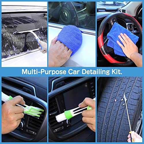 NIVEOLI Kit de Limpieza Coche Profesional Interior y Exterior, 14 Piezas Set Detailing Coche de Lavado (Microfibra Paño Limpieza/Cepillo de Ruedas/Guantes/Enjugador/Cera Almohadillas Aplicador)