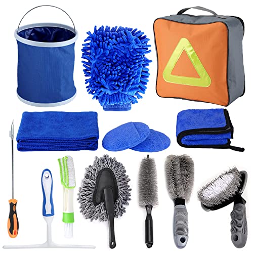 NIVEOLI Kit de Limpieza Coche Profesional Interior y Exterior, 14 Piezas Set Detailing Coche de Lavado (Microfibra Paño Limpieza/Cepillo de Ruedas/Guantes/Enjugador/Cera Almohadillas Aplicador)