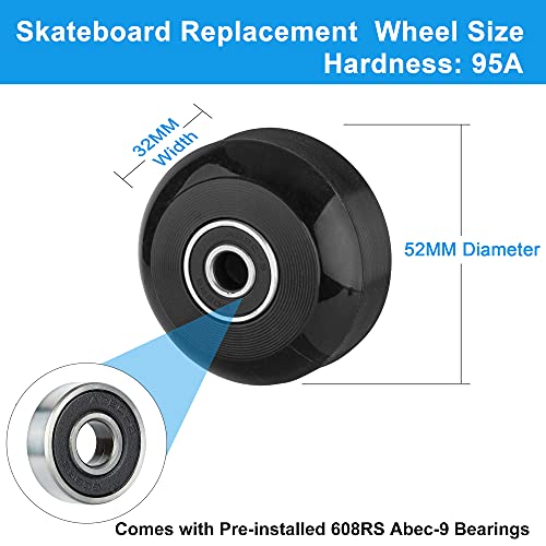 nonmon 4Pcs Ruedas de Skateboard 52mm 95A con Rodamientos Instalado 608 RS ABEC9, PU Ruedas y Cojinetes de Repuesto Set para Skateboard Monopatín Patines Cuatro Roller Pennyboard, Negro