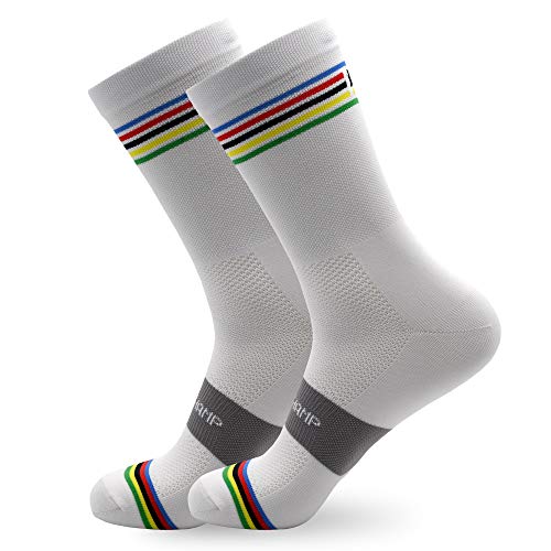 NORTEI Calcetines Campeón del Mundo para Ciclismo, MTB y Running de Caña Alta Transpirables para Hombre y Mujer – World Champion (L-XL)