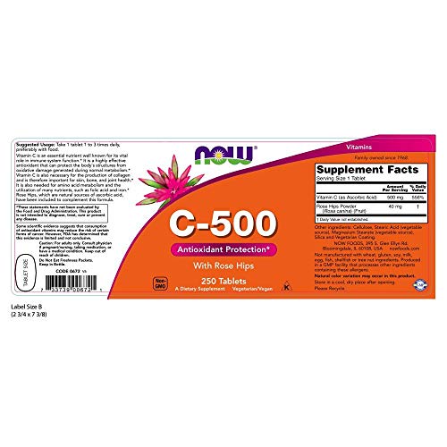 Now Foods La vitamina C-500 con los escaramujos - 250 comprimidos 250 Unidades 260 g