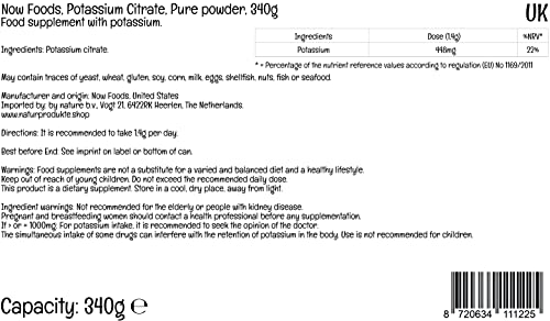 Now Foods, Potassium Citrate ( Citrato de Potasio), 340 g polvo vegano, Probado en Laboratorio, Minerales, Potasio, Sin Gluten, Sin Soja, Vegetariano