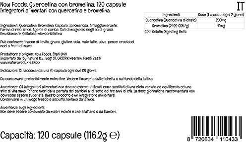 Now Foods, Quercetina con Bromelina, 120 Cápsulas veganas, Probadas en Laboratorio, Bioflavonoides, Sin Gluten, Sin Soja, Vegetariano