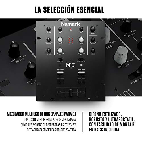 Numark M101USB - Mezclador DJ de 2 canales, montable en rack con EQ de 2 bandas, interfaz de audio integrada, entrada micro y crossfader reemplazable