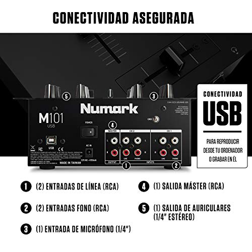 Numark M101USB - Mezclador DJ de 2 canales, montable en rack con EQ de 2 bandas, interfaz de audio integrada, entrada micro y crossfader reemplazable