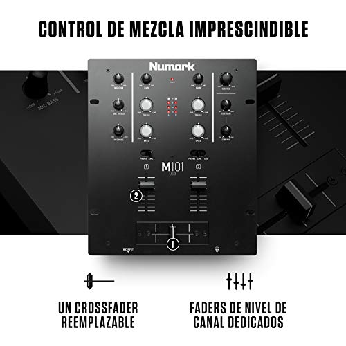 Numark M101USB - Mezclador DJ de 2 canales, montable en rack con EQ de 2 bandas, interfaz de audio integrada, entrada micro y crossfader reemplazable