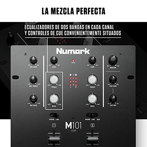 Numark M101USB - Mezclador DJ de 2 canales, montable en rack con EQ de 2 bandas, interfaz de audio integrada, entrada micro y crossfader reemplazable