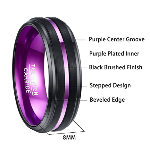 NUNCAD Anillo Mujer Hombre Parejas Negro/Violeta de Tungsteno con Ranura Púrpura 8mm para Boda Cumpleaños la Vida Cotidiana Aniversario Talla 54 (17,3mm)