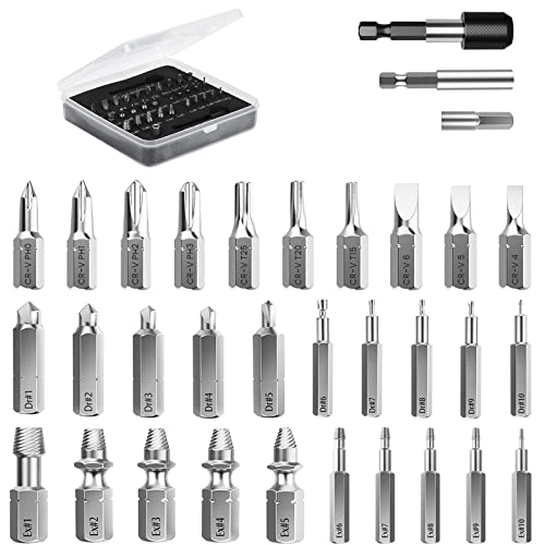 Nuovoware Kit de Extratores de Tornillos, Juegos de 33 Piezas de Extratores, Extratores de Aleación de Acero para Quitar Tornillos Rotos Despojados, con 2 Soportes y Adaptador de Enchufe – Negro