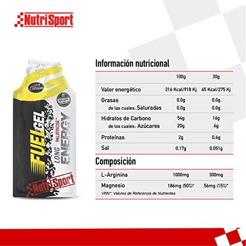 NUTRISPORT CLINICAL NUTRITION, S.A. Fuel Gel, Palatinose, Electrolitos, Aporta Energía, Sabor Cítricos, Blanco, 24 X 30 Gramos