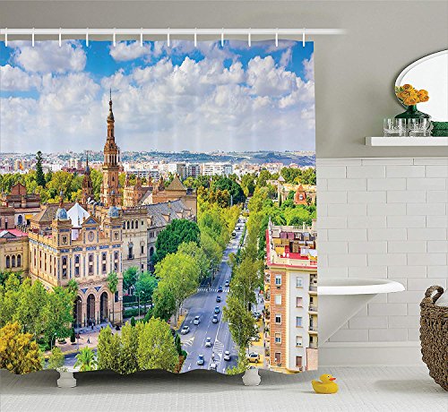 Nyngei Wanderlustdecor Collection Sevilla España Paisaje Urbano hacia la Plazade España Paisaje Monumento Carretera Imagendiurna de Larga Verde Marfil