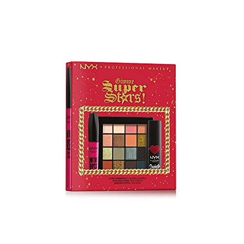 NYX Professional Makeup Gimme Super Stars! Set de regalo Glam Side Of The Moon Trio Eye & Lip, paleta de sombras de ojos Ultimate, máscara de pestañas On the Rise, Pintalabios Suede