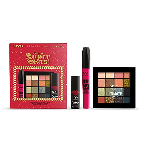 NYX Professional Makeup Gimme Super Stars! Set de regalo Glam Side Of The Moon Trio Eye & Lip, paleta de sombras de ojos Ultimate, máscara de pestañas On the Rise, Pintalabios Suede