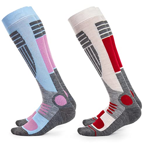 Occulto CALCETINES de ESQUI para MUJER (2 Pares), CALCETINES TÉRMICOS MUJERES DEPORTIVOS ACOLCHADOS y TRANSPIRANTES PARA TOURING, ALPINISIMO y SNOWBOARD (39-42, 1 Pares Azul claro | 1 Pares Rojo)