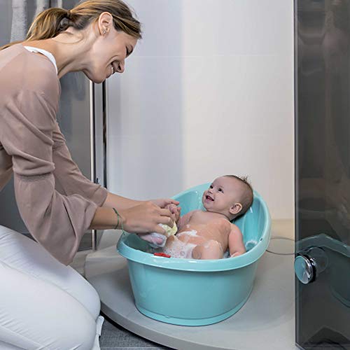 OKBABY Bañera Onda Baby - Base antideslizante, con termómetro digital de cristal líquido incorporado - Soporte trasero en ángulo - Se adapta al inerior de la bañera o la ducha - Azul Transparente