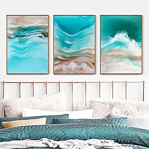 Olas de agua de mar verde y paisaje de playa cuadro sobre lienzo para pared impresiones de pintura para decoración del hogar póster modular sin marco-40X50cmx3