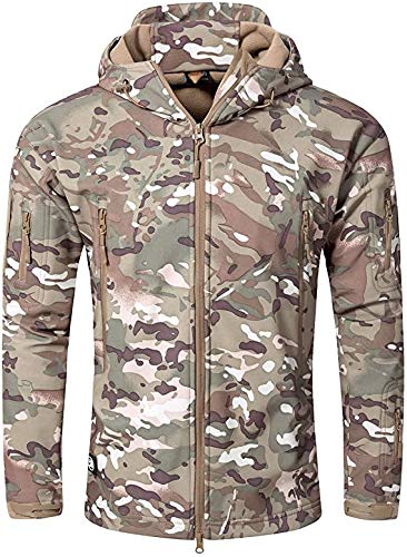 OLOEY Men's Tactical Softshell Fleece Jacket Camouflage Military Hoodie Autumn Winter Outdoor Fleece Jacket Waterproof Windproof Warm Hooded Hiking Ski Jacket Hunting Coat (CP,2XL)